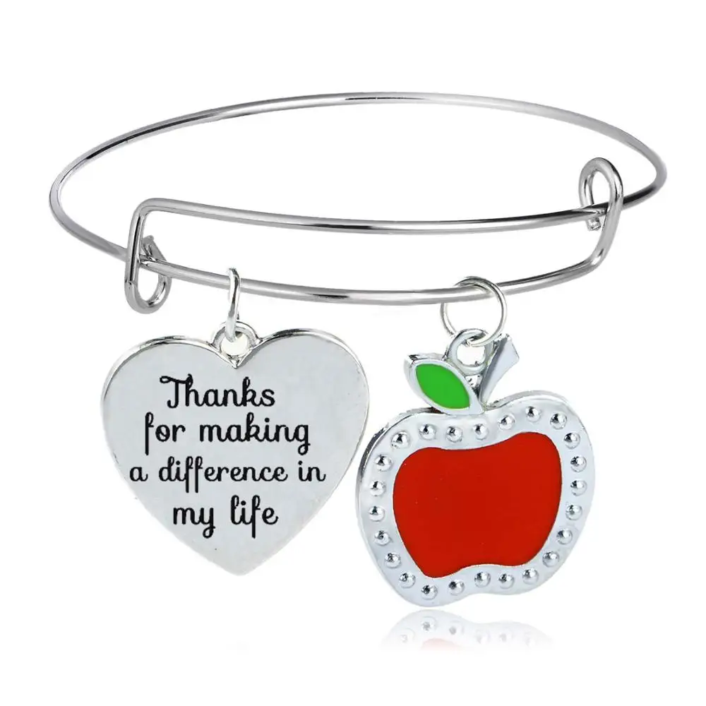 

12PC Thanks For Making A Difference In My Life Bangles Heart Pendant Red Apple Bracelets Teachers Jewelry Thanksgiving Gifts Hot