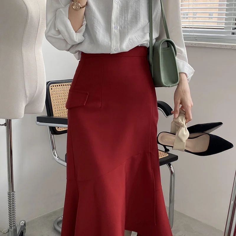 

COZOK Evening Package Hip Fishtail Skirt for Women 2021 Summer Small Solid Color High Waist Show Thin Drape Feeling Skirt 773
