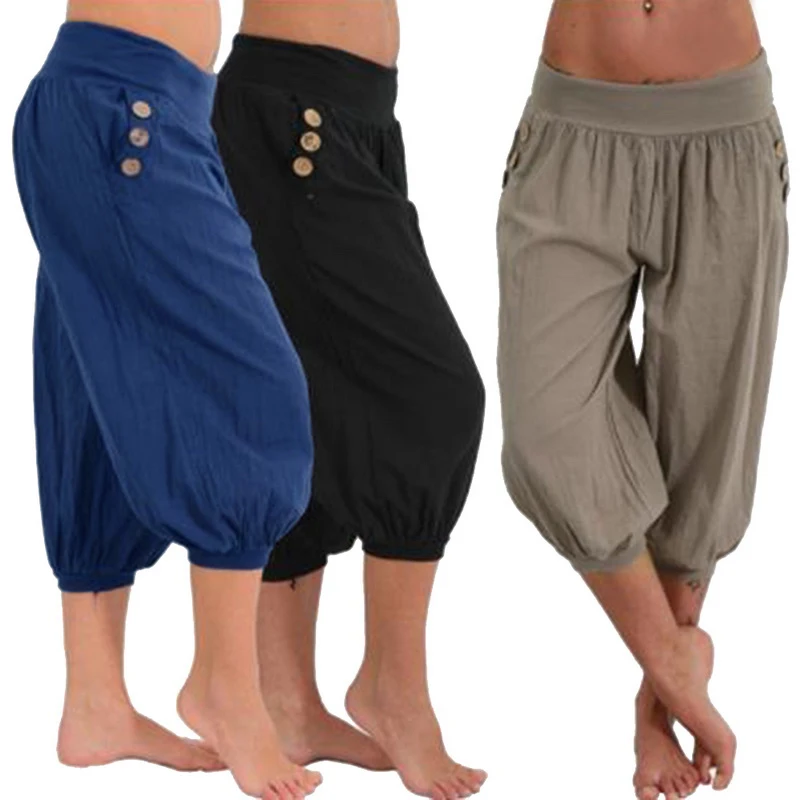 

2021 Women's Fashion Cotton Linen Short Trouser Pants Women's Solid Color Seven Casual Loose Pants Plus Size 5XL