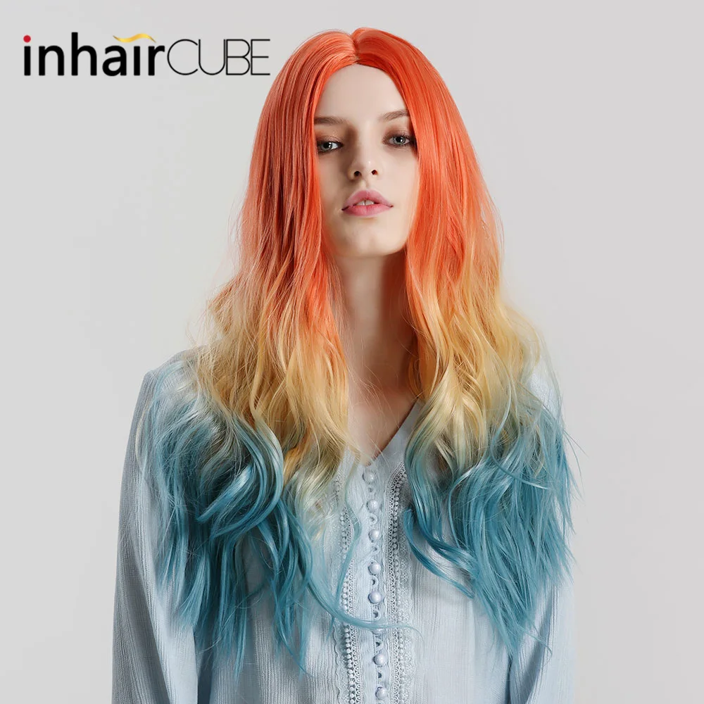 Женские длинные волнистые парики Inhaircube оранжевые блонд синие Лолиты с челкой