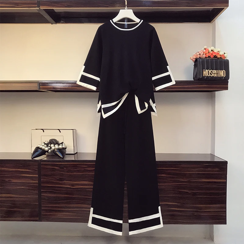 

New Autumn Winter Plus Size Knitted Two piece Set Casual Women O-Neck Pullovers Tops+Wide-Leg Pants Suits High Quality Hit Color
