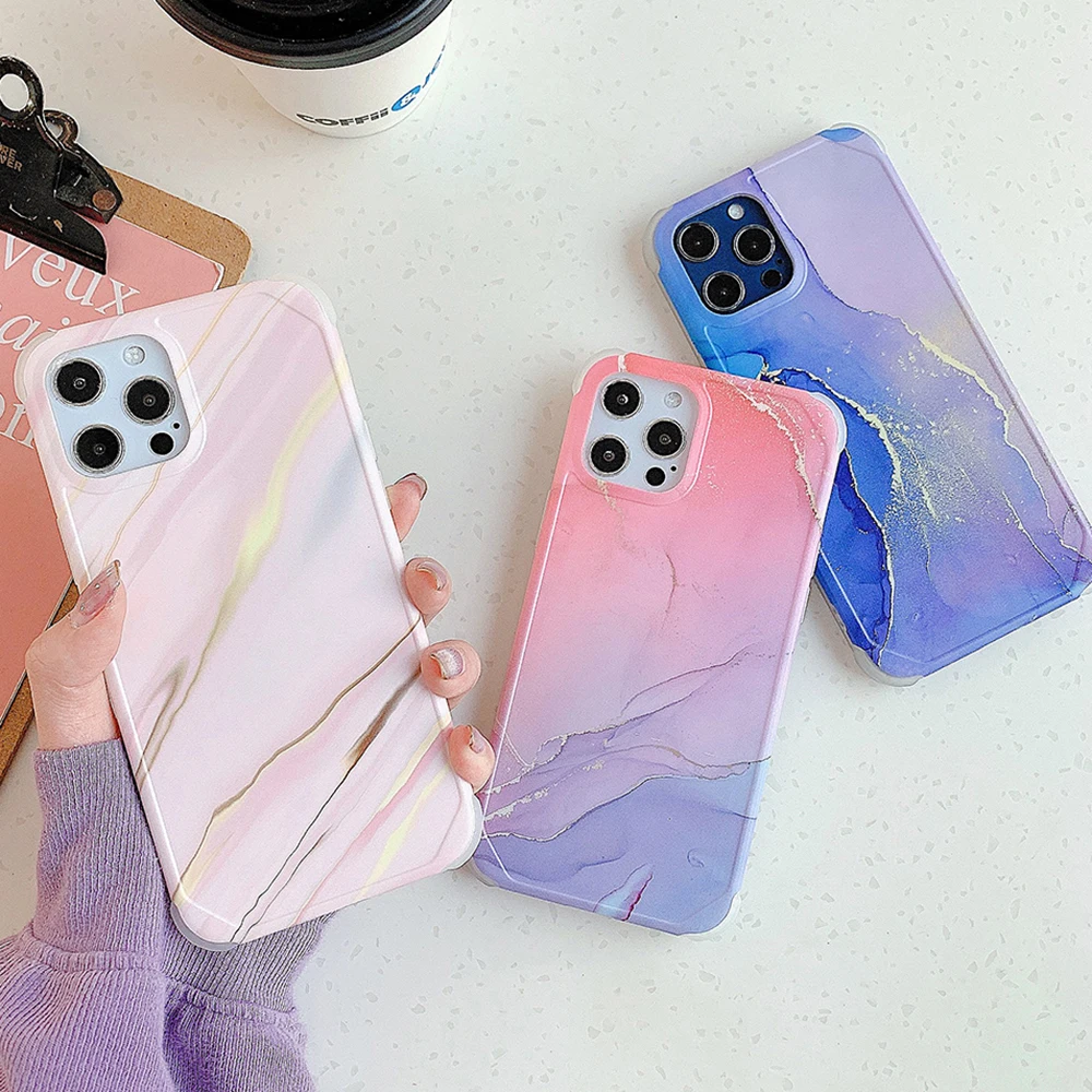 

Corners Protection Phone Case For iPhone 11 12 Pro Max XR XS Max 7 8 Plus X Soft IMD Classic Gradient Marble Back Cover