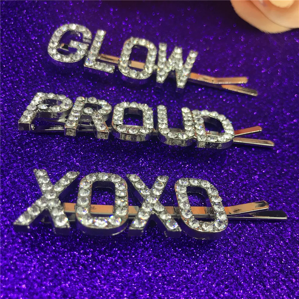 Оптовая продажа заколки для волос со словами светящиеся Xoxo волшебные стразы