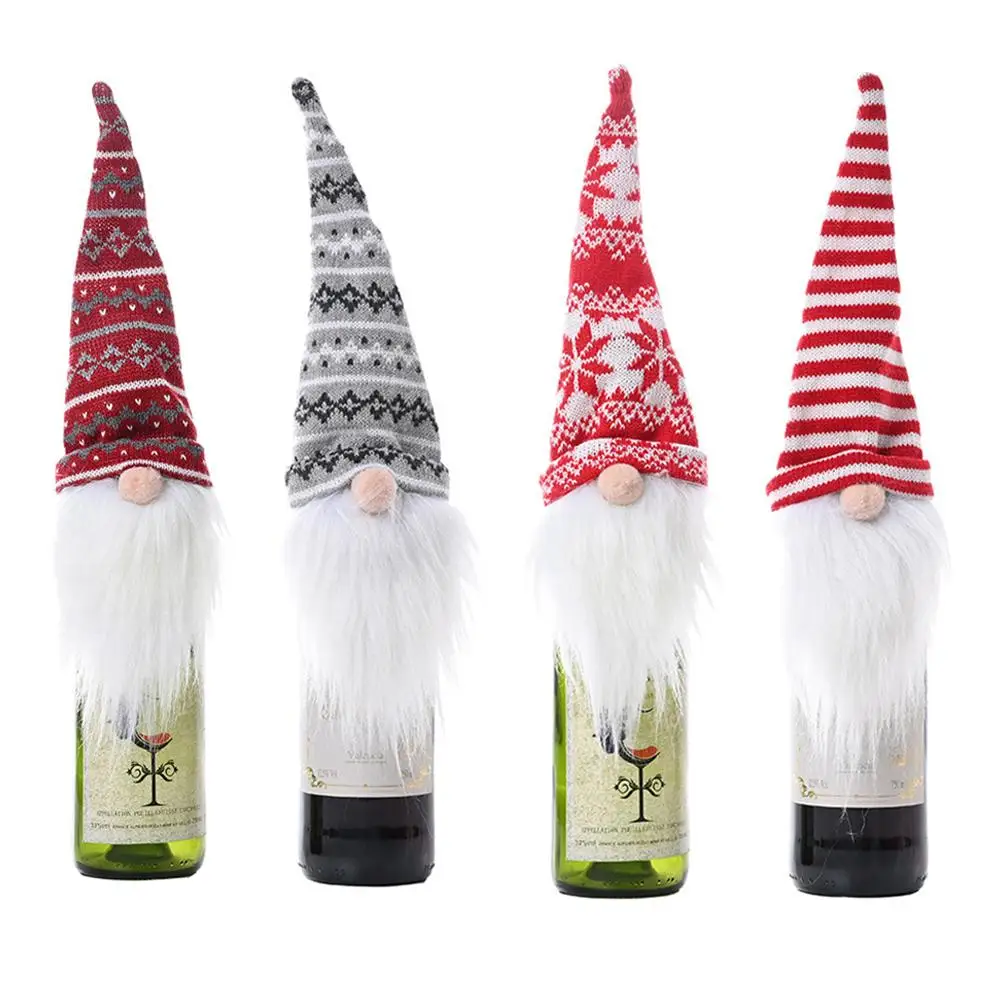 

Christmas Wine Bottle Cover Knitted Toppers Swedish Gnomes Doll Champagne Wine Bottle Dustproof Cover Dinner Table Decor