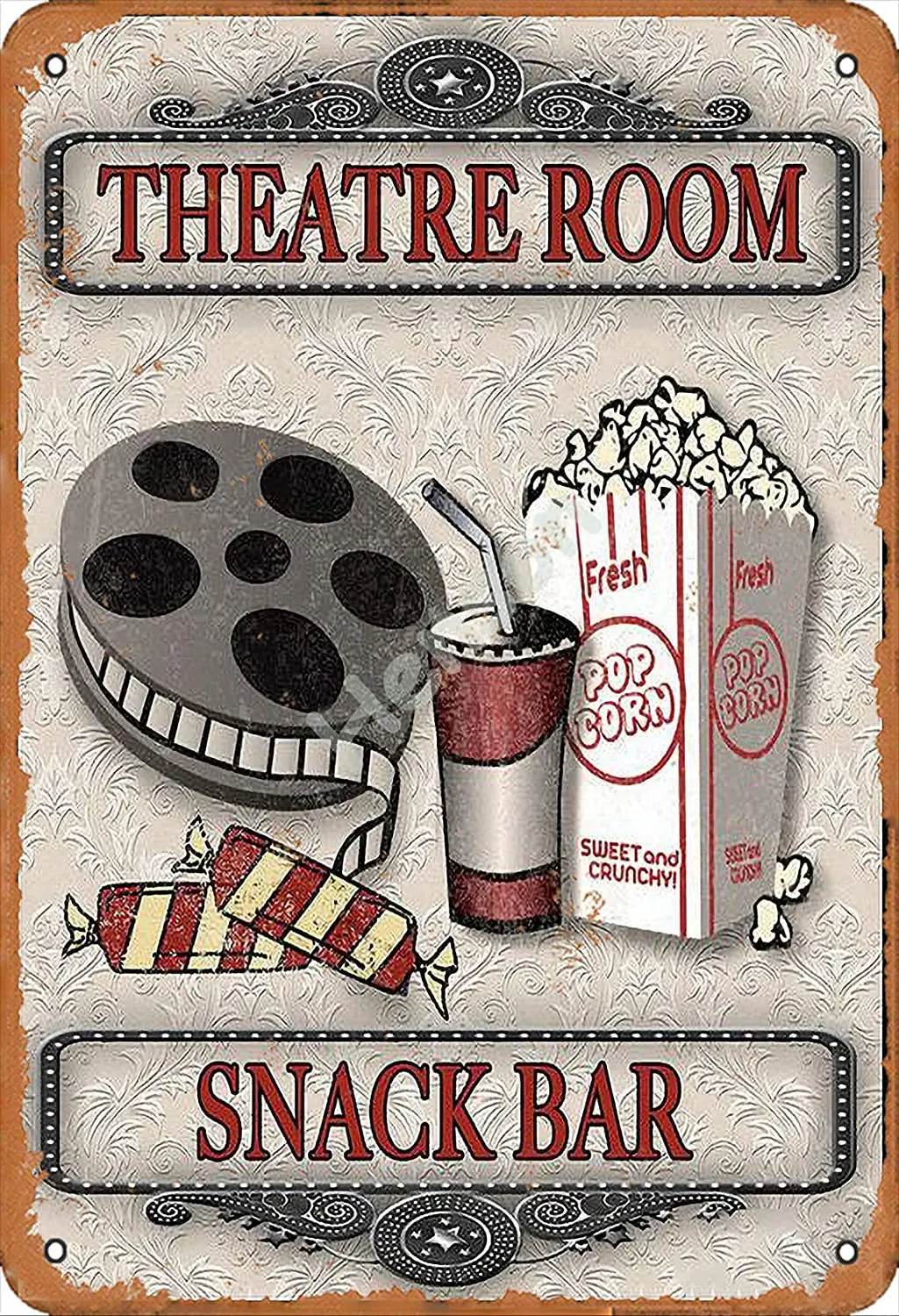 

Theater Room Snack Bar Signage Wall Metal Retro Handicraft Painting Iron Plate Office Garden Living Room Decoration 8x12 Inches