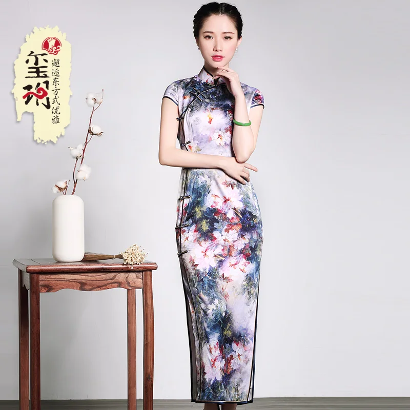

silk long cheongsam half shoulder sleeve fashion improved ms cheongsam restoring ancient ways of cultivate morality