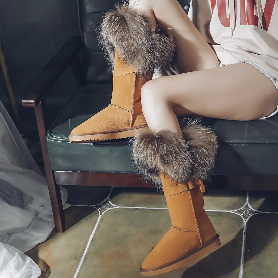 maroon suede fur G и zacoбыл натуральный зимние ботинки с лисьим мехом Для женщин натуральная кожа коровы замшевые кожаные ботинки Зимние черные сапоги до середины икры, женские сапоги выше колена из меха енота; теплые сапоги на плоской подошве - Цвет: maroon suede fur