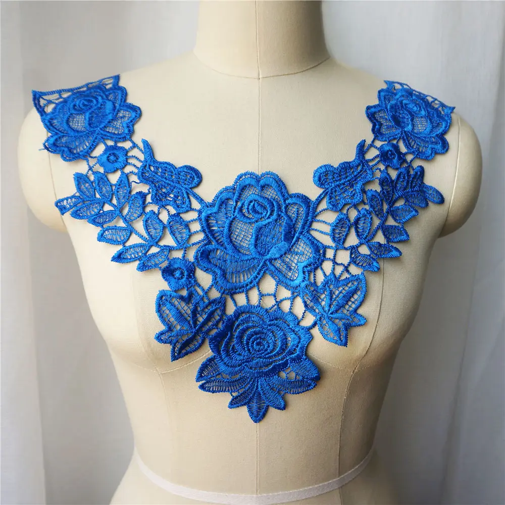 Голубое вышитое платье Аппликации кружевная ткань планки Воротник Сетка пришить