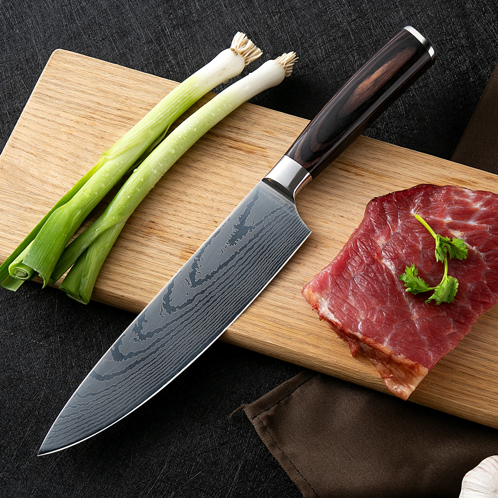Высокое качество 8 дюймов поварские ножи Santoku кухонные ножи Кливер нарезки подарок нож с лазером Дамасская сталь