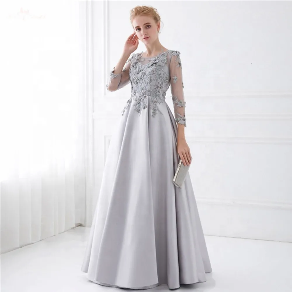 Серебряные мусульманские Вечерние платья с кружевной аппликацией и длинными