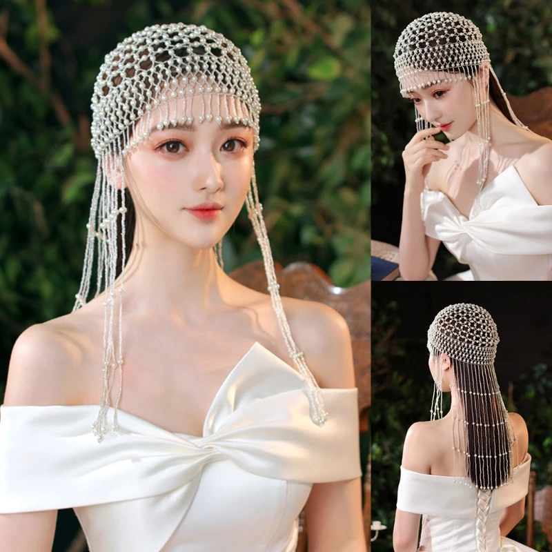 

1920s Cleopatra Pearl Cap Goddess Hair Jewelry Great Gatsby Hair Accessory Hollow Pearl Tassel Headpiece for Wedding