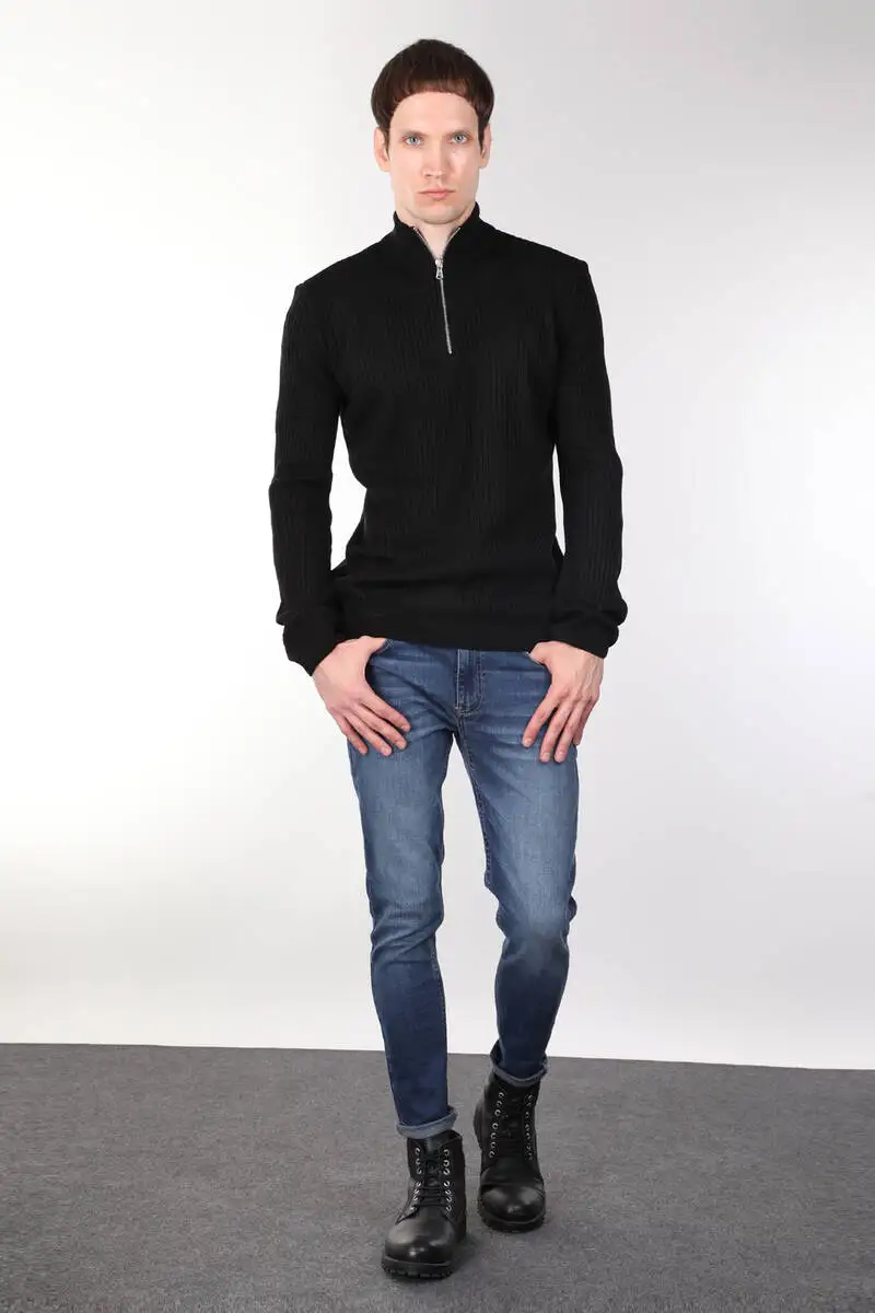 

Zippered Corduroy Black Mens Knitwear Sweater