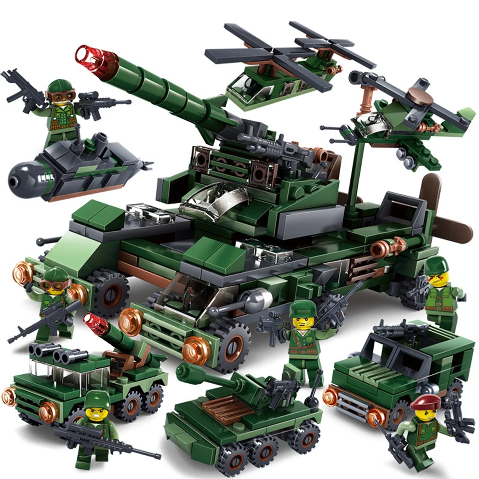 

6 In 1 Soldiers Assault Military Car Tank Series Assembled Building Blocks Children's Educational Bricks Boy Toys Gifts