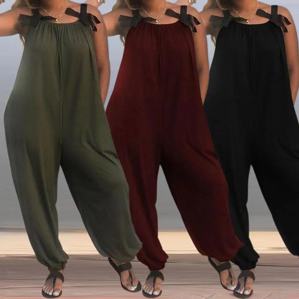 

New Casual Loose Women Solid Color Bow Strap Sleeveless Jumpsuit Long Pants Romper hot Women's Bib Sweet Christmas Gift
