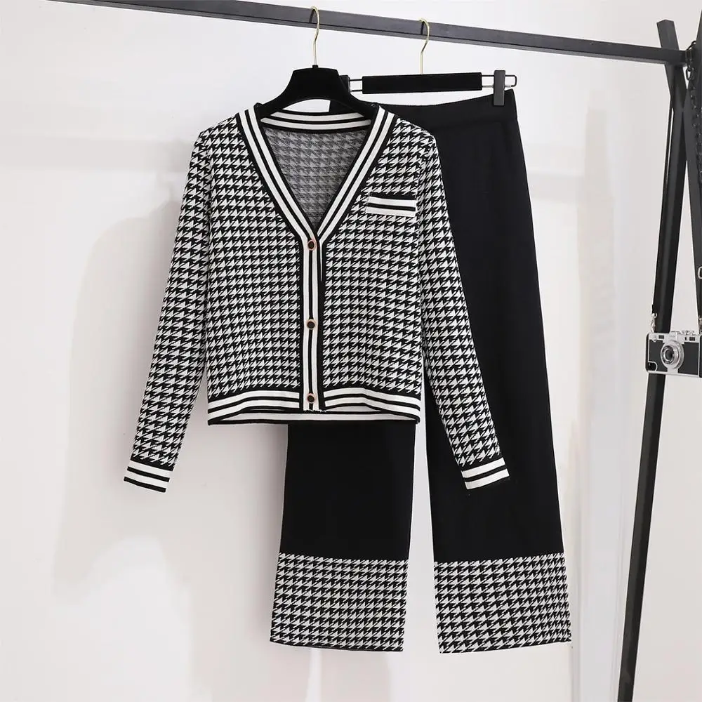 Plaid Knit Two Piece Suit Women Set Wide Legs Pants Outfits Long Sleeve V Neck Houndstooth Cardigans Woman's Knitted |