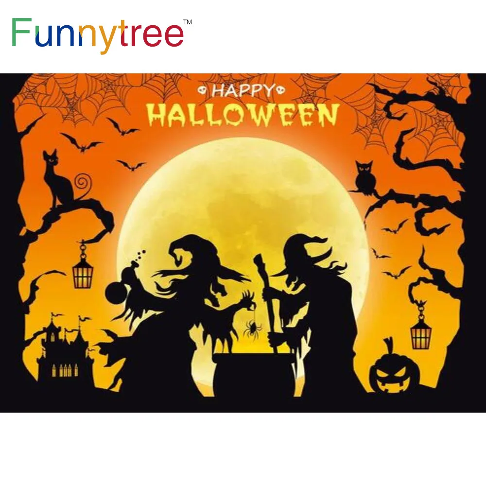 

Funnytree Happy Halloween Decor Party Backdrop Evil Witch Moon Night Pumpkin Castle Branches Spider Web Photocall Background