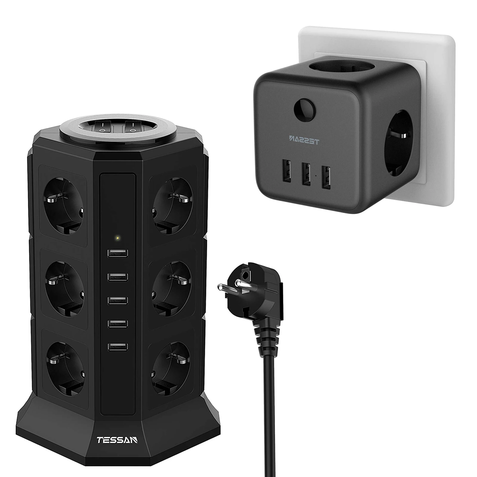 

TESSAN Multiple Socket Tower Power Strip with 12 Outlets 5 USB Ports 2M Extension Cords Switch with Overload Protection for Home