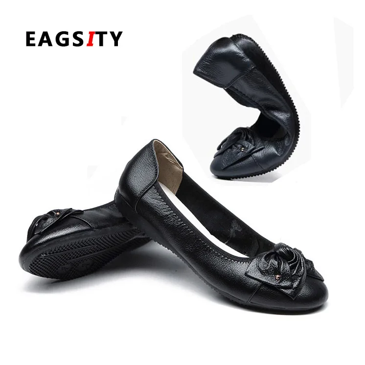 EAGSITY/женские балетки из натуральной кожи на плоской подошве с бантиком круглым