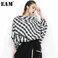 eam women black plaid big size blouse new slash neck threequarter sleeve loose fit shirt fashion spring autumn 2022 jf93801