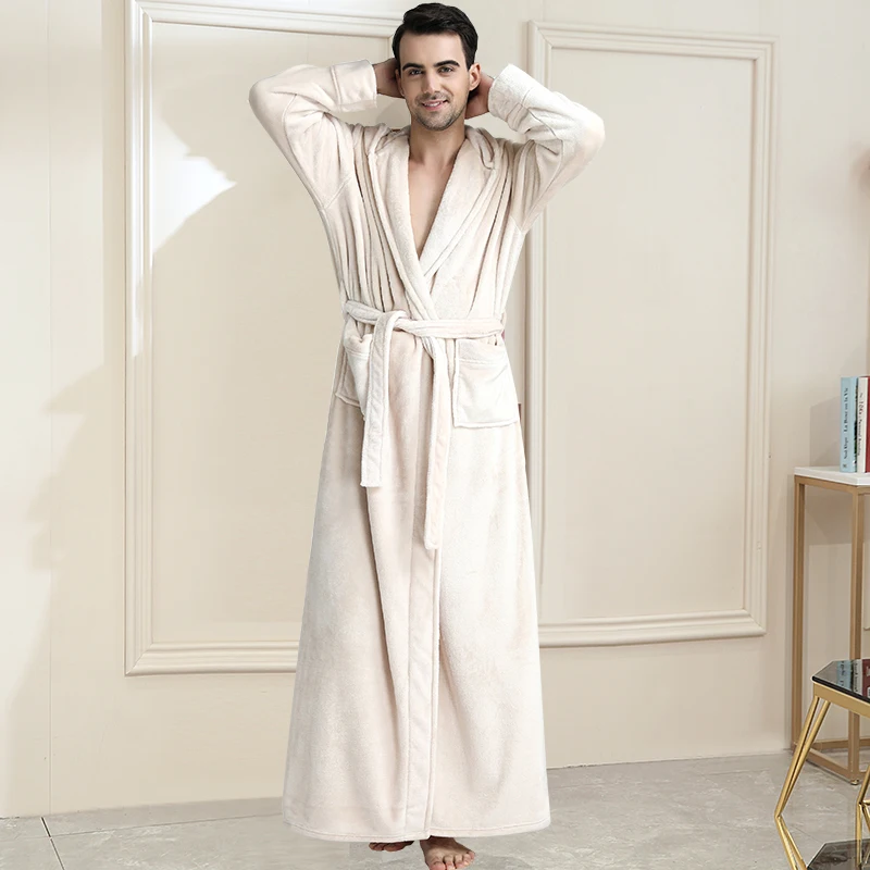 Men Beige Для мужчин зимняя теплая удлиненная куртка с капюшоном коралл, овечья шерсть, халат для ванной кимоно фланелевый банный халат ночной халат Для женщин одежда для сна - Цвет: Men Beige