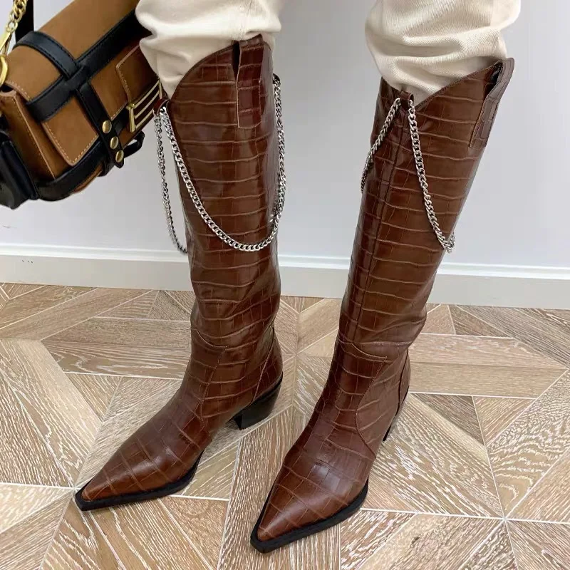 

Crocodile Pattern Women Knee High Boots Black Brown Chains Long Western Botas De Mujer Pointed Toe Casual Dress Shoes