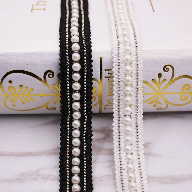 1 ярдов белый жемчуг с Бисером кружевная Лента лента африканская ткань воротник