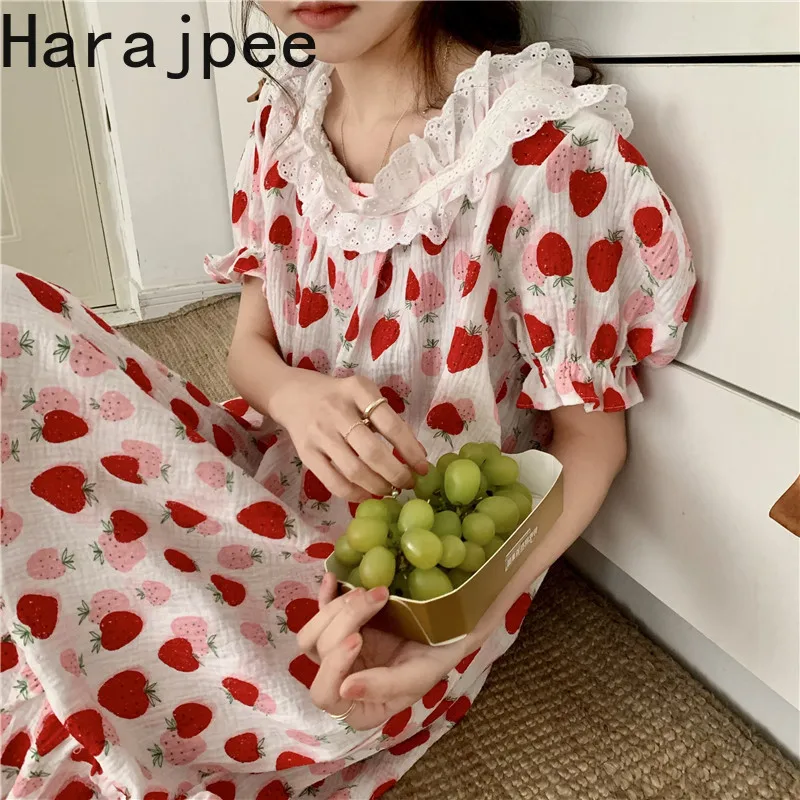 

Harajpee 2021 Spring Summer Nightdress Japanese Sweet Strawberry Print Lace Cotton Puff Sleeve Housewear Pajamas Kawaii Dress