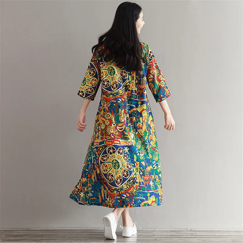 

2021 Autumn Spring Women Vintage Long Dress Round Neck Printed Vestidos De Festa Half Sleeve Cotton Linen Gown Mori Girl Dress
