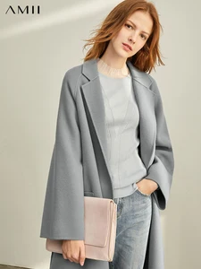 Amii минималистичное шерстяное пальто с лацканами Зимнее женское однотонное свободное с поясом Женское шерстяное длинное пальто двойное шерстяное пальто 11920291