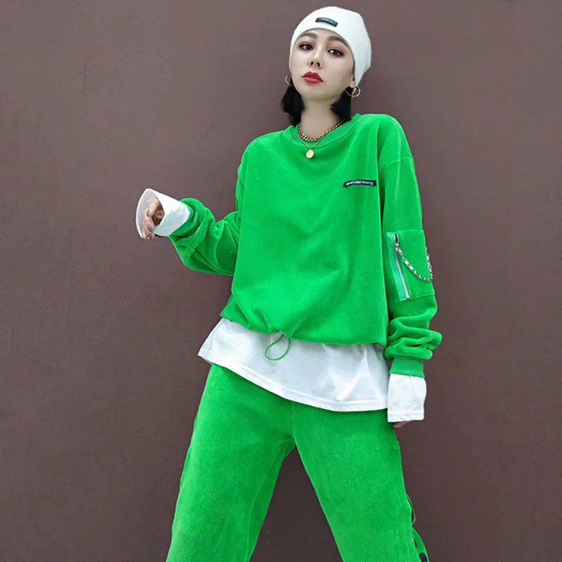 

2021 New Streetwear Rose Red/Green Women Corduroy Set Women Casual Sport Set Women Pullovers Sweatshirt + Straight Pants 2PCS