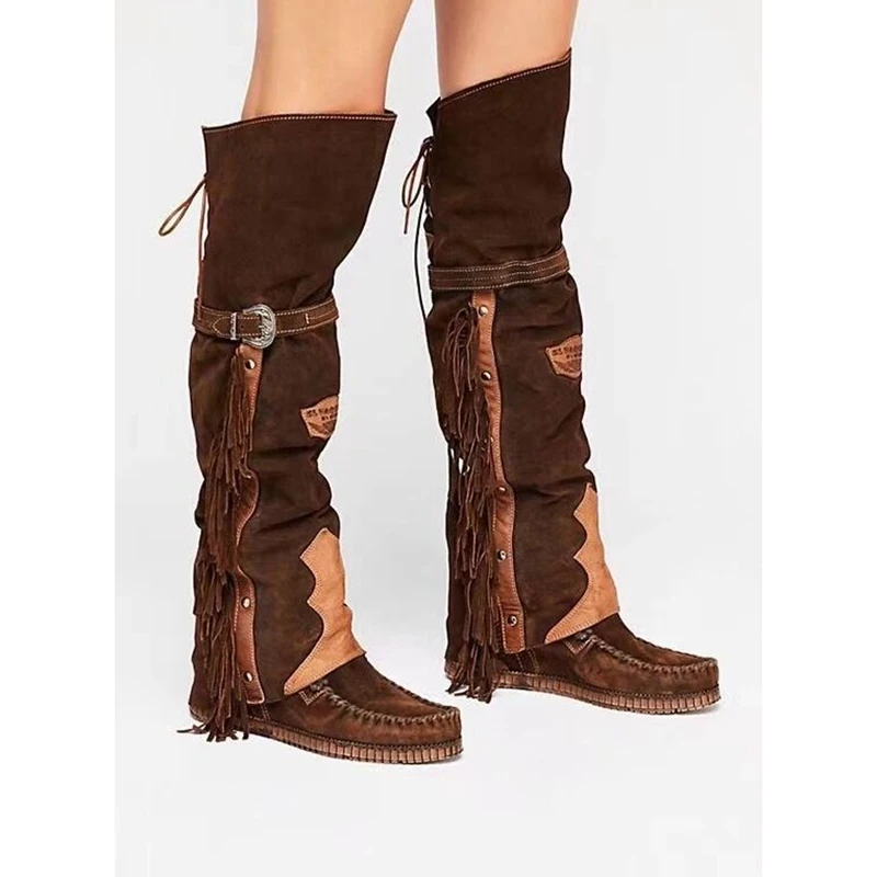 Замшевые Сапоги выше колена на плоской подошве Зимние сапоги с кисточками