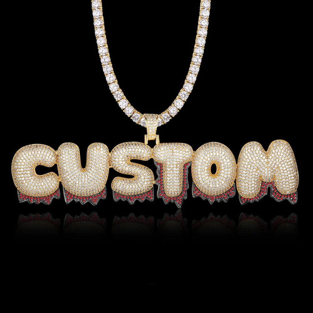 

Luxury Custom Name Drip Waterdrop Letter CEO Red Zircon Necklace 100% Micro Pave CZ Hip Hop Iced Out Tennis Chain Jewelry