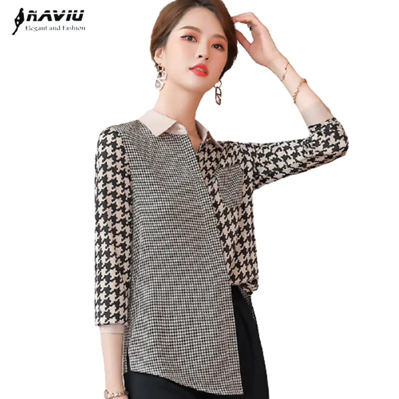 

Thousand Birds Plaid Shirt Women 2022 Spring New Design Temparament Formal Long Sleeve Patchwork Blouses Office Ladies Work Tops