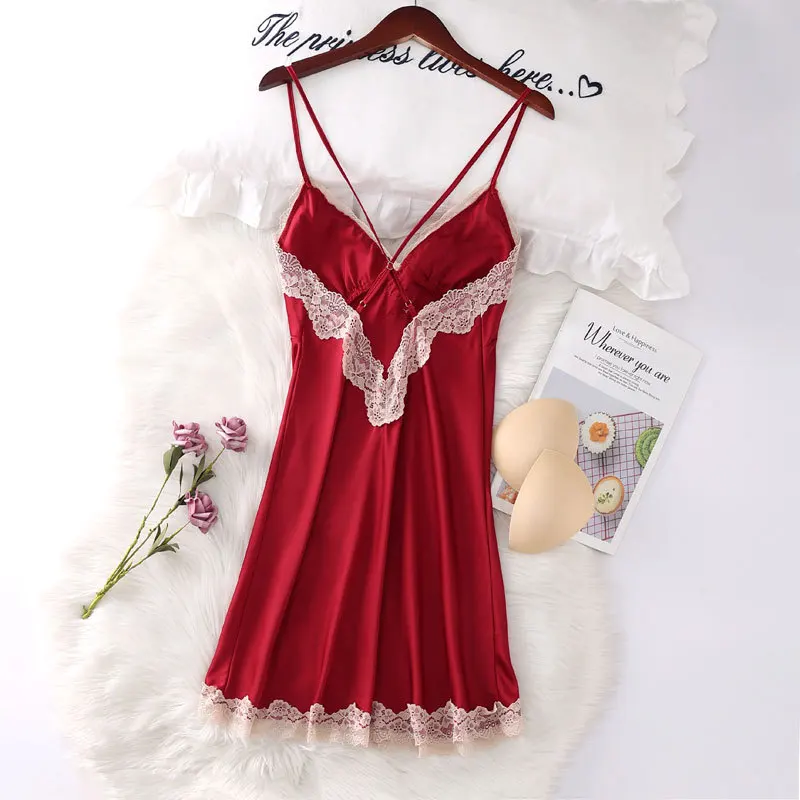 

Spaghetti Strap Nightgown Sexy Sleep Dress Women Lace Intimate Lingerie With Pads High Split Nightwear Satin Faux Silk Sleepwear