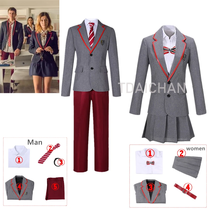 

Las Encinas Elite School Uniform Costume Man Women Suit Shirt Skirt Pleated JK Cloth TV Series Cosplay Halloween Uniformes Cos