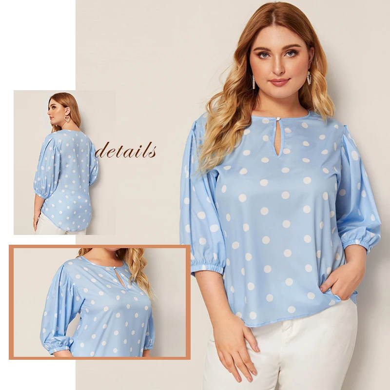 Sheinside/Большие размеры, блузка в горошек с коротким рукавом, Женская Осенняя коллекция года, эластичные Блузы с манжетами, женская синяя блузка с вырезом спереди