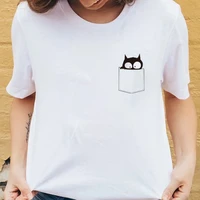 new fashion popular black cat pocket art printed t shirt summer casual women tops casual short sleeve o neck cotton fashion tee