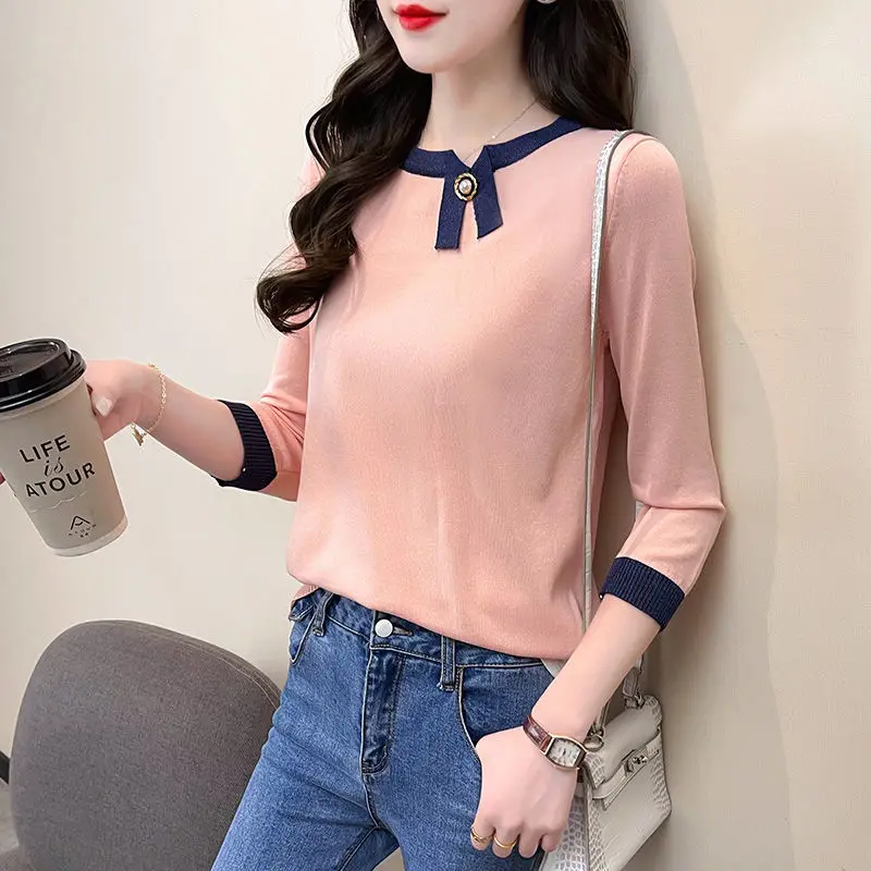

Autumn Women's Clothing New Ice Silk Half Sleeve Sweater Korean Style Slim Fit Versatile Thin Design Contrast Color Top T-shirt