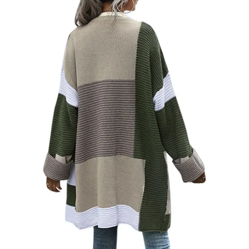 

Womens Ladies Patchwork Knitted Cardigan Open Front Coat Casual Jumper Outwear