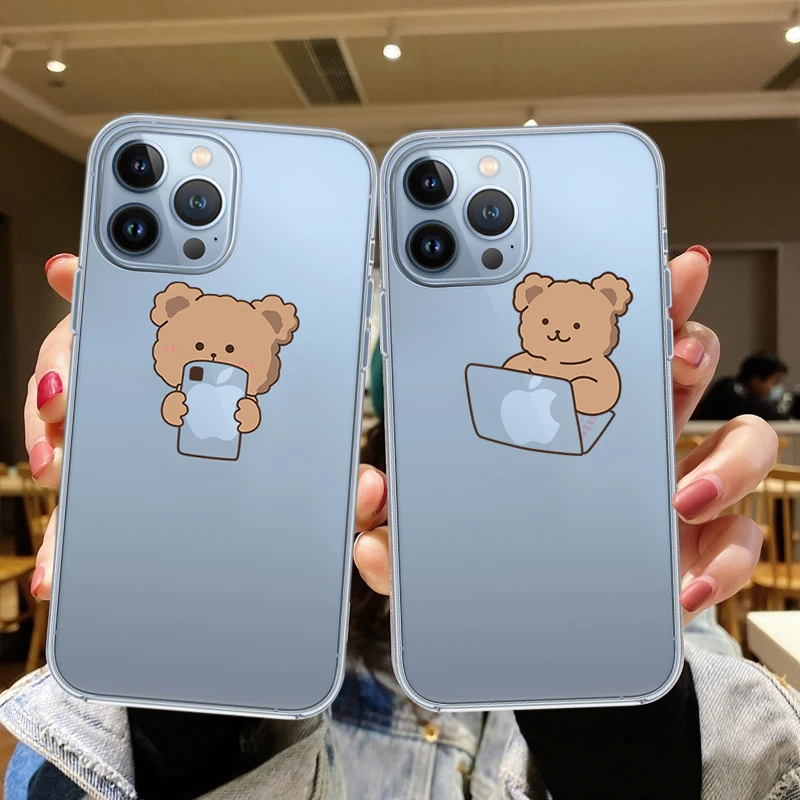 

Funny Cute Cartoon Bear Clear Phone Case For iPhone 13 Pro Max 12 Mini 11 X XS XR 7 8 Plus Animal Couple Transparent Soft Cover