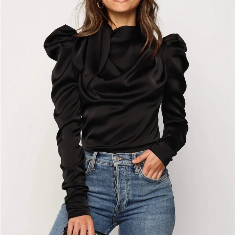 Женские атласные блузки с бантом длинным рукавом пышными рукавами рубашка