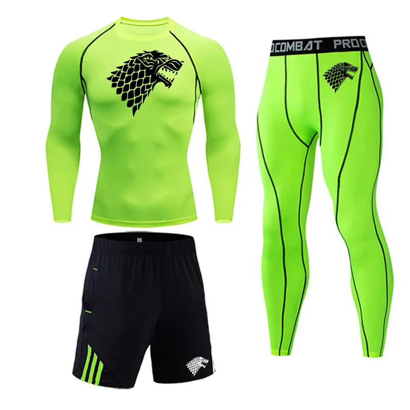 

Brand 3pcs/Sets men's suit rashguard male kit MMA compression clothing male long sleeves t shirt+leggings 3 piece tracksuit men