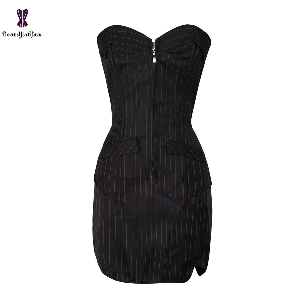 Черное платье-корсет в горошек офисный женский костюм на шнуровке бюстье