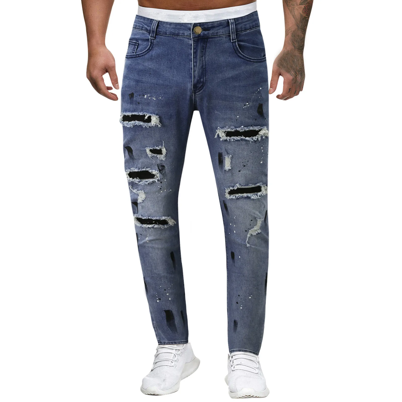 

Темно-синие джинсы мужские повседневные однотонные рваные потертые градиентные потертые брюки с эффектом потертости уличная одежда джинс...