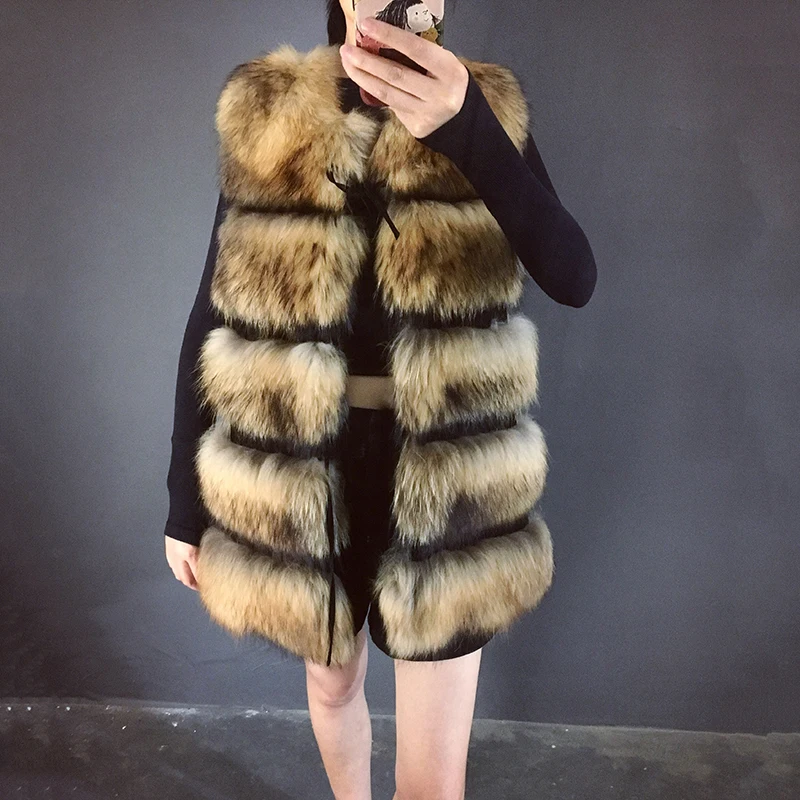 

rf0002 Real Fur Waistcoat Women Natural Raccoon Fur Vest Striped