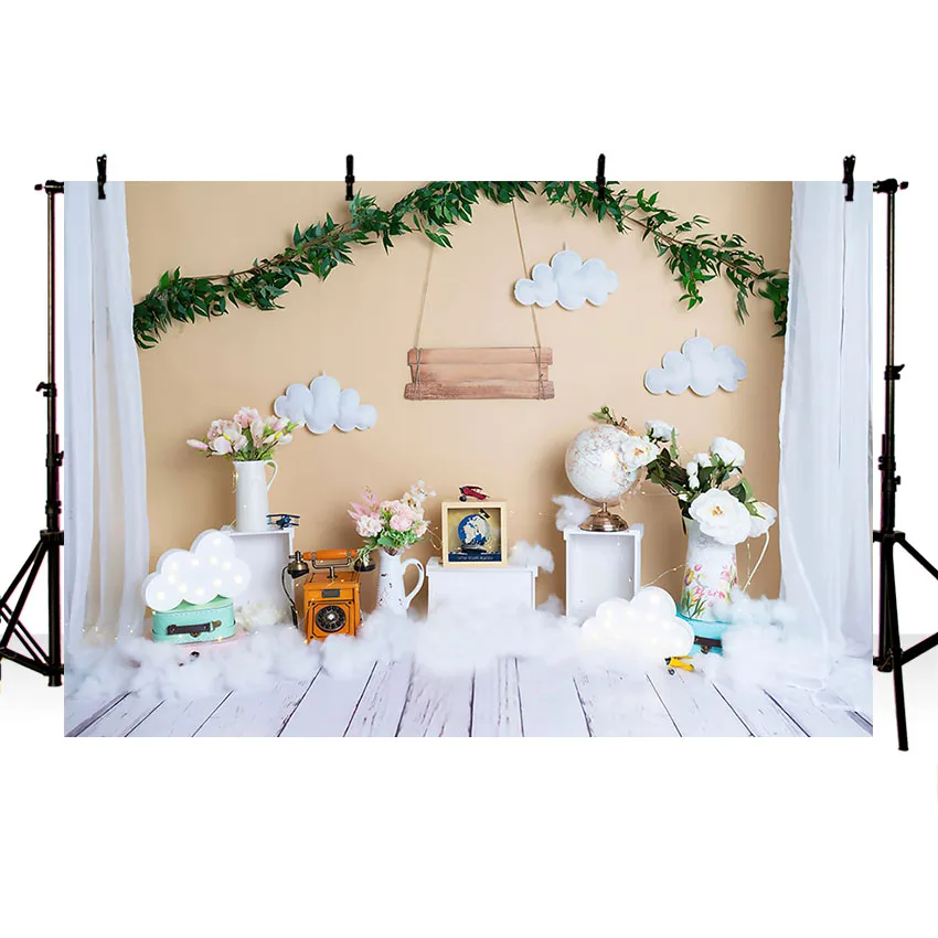 

Mehofond Photography Background Green Plants Phone Globe Cloud Baby Shower Birthday Children Photophone Backdrop Photo Studio