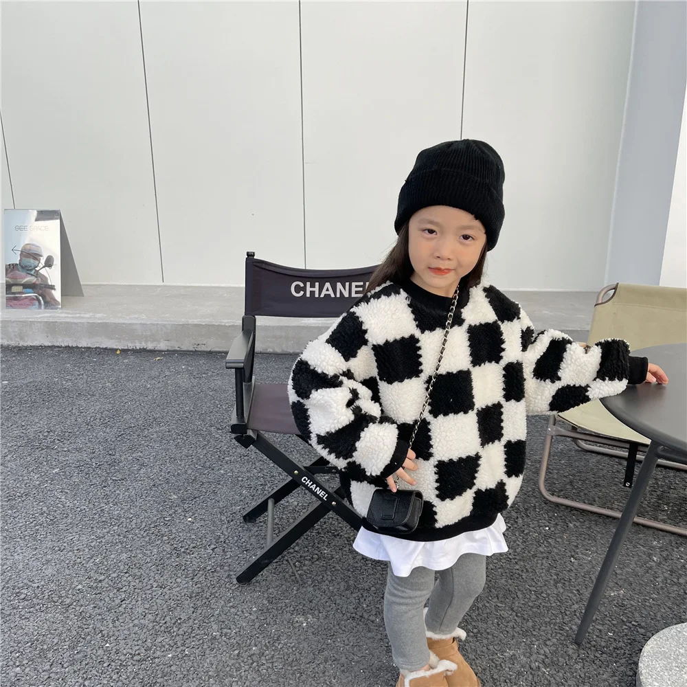 

Kids fashion plaid patchwork warm woolen sweatshirts children unisex soft loose inner fleece thick Tops 2-7Y