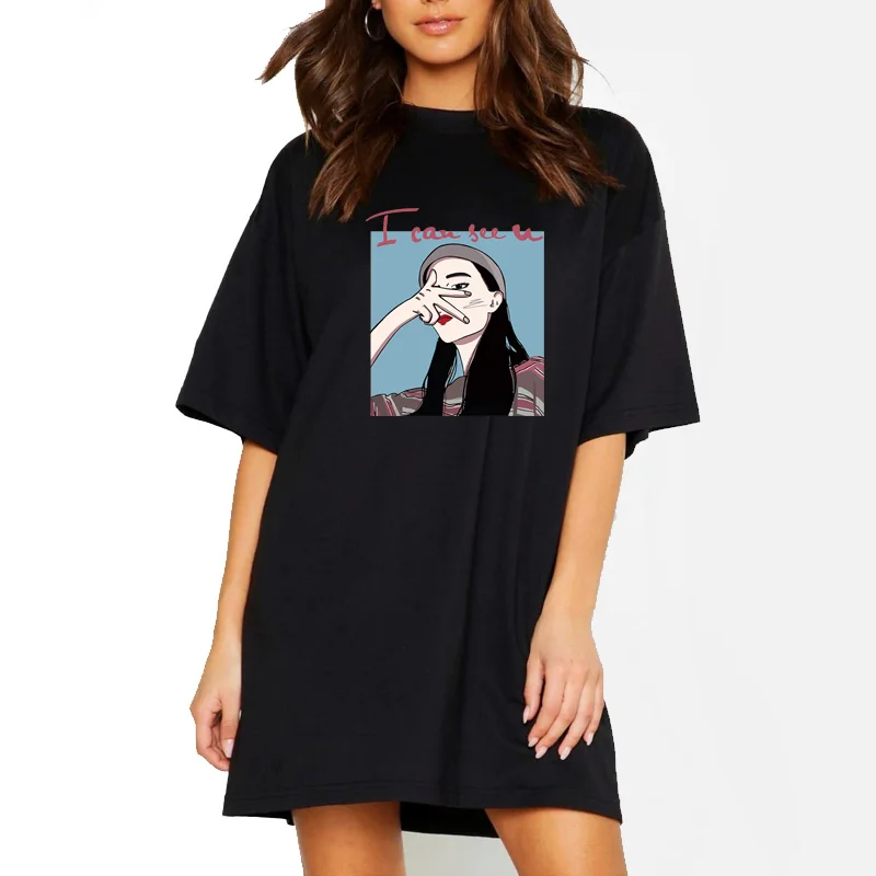 

Short Summer Dress Cartoon Girl Print Short Sleeve Harajuku T-Shirt Dresses Casual Loose Female Plus Size Women Clothing Black