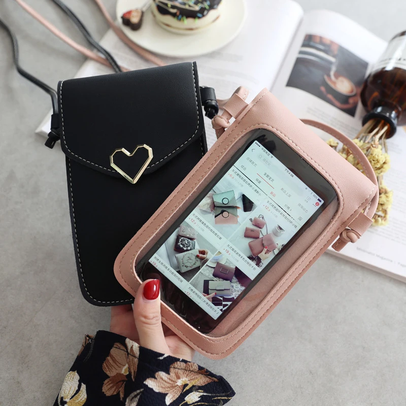 

Women Heart-Shaped Mobile Phone Bag 2021 New Mini Messenger Bags Lady Handbag Simple Solid Pu Purses Small Phone Bag Wallet