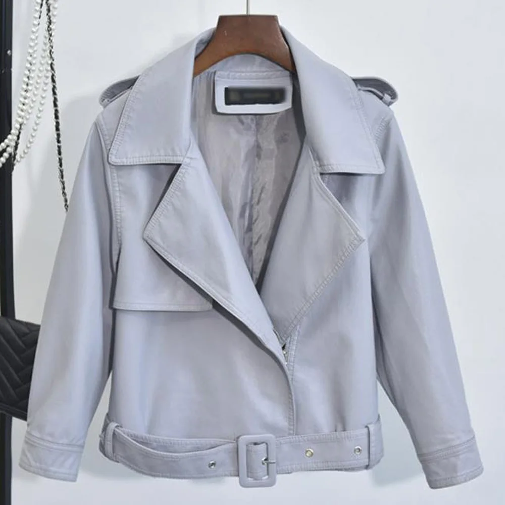 Women Faux Leather Jacket Camouflage Coat Loose Motor Style Oversized Female Gothic Turn-down Collar Biker With Belt | Женская одежда